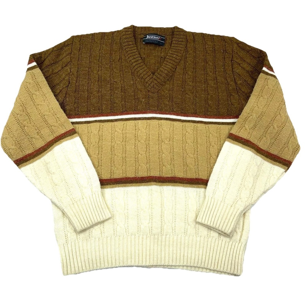 Vintage Jantzen Sweater Men Large Brown Acrylic Cable‎ Knit USA 90s Cosby V Neck